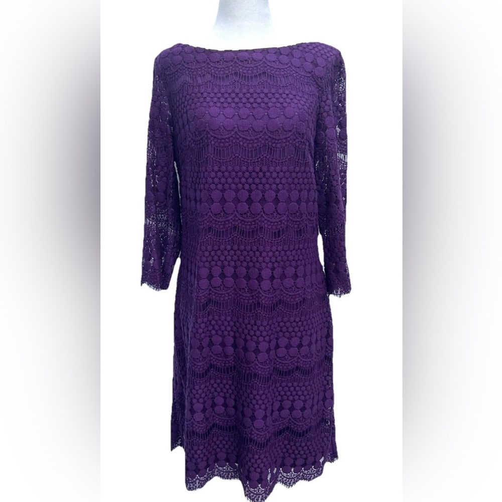 Eliza J Dress Sz 8 Purple Lace 3/4 Sleeve Midi Lined Shift Party Cocktail